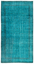 Turquoise  Over Dyed Vintage Rug 4'11'' x 9'2'' ft 150 x 280 cm
