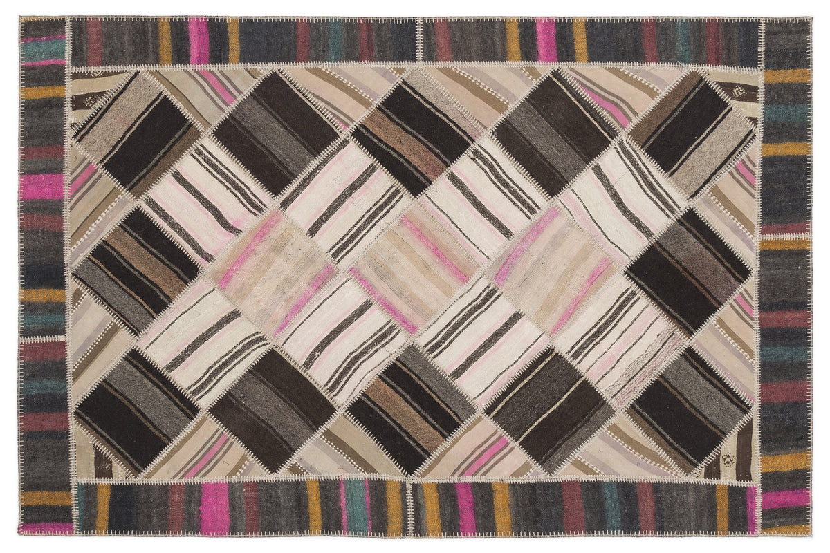 Striped Over Dyed Kilim Patchwork Unique Rug 5&#39;7&#39;&#39; x 8&#39;5&#39;&#39; ft 170 x 256 cm