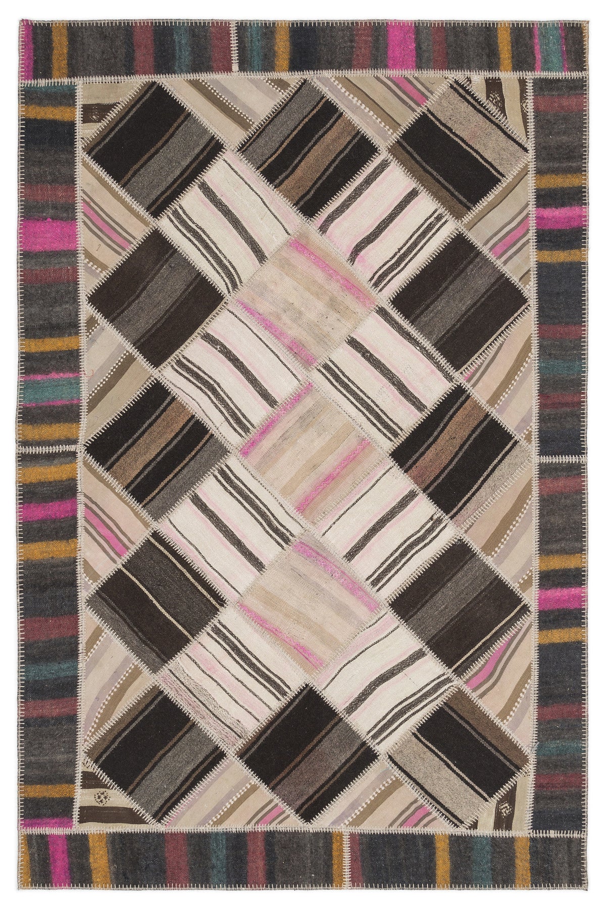 Striped Over Dyed Kilim Patchwork Unique Rug 5&#39;7&#39;&#39; x 8&#39;5&#39;&#39; ft 170 x 256 cm