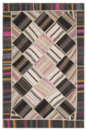 Striped Over Dyed Kilim Patchwork Unique Rug 5'7'' x 8'5'' ft 170 x 256 cm