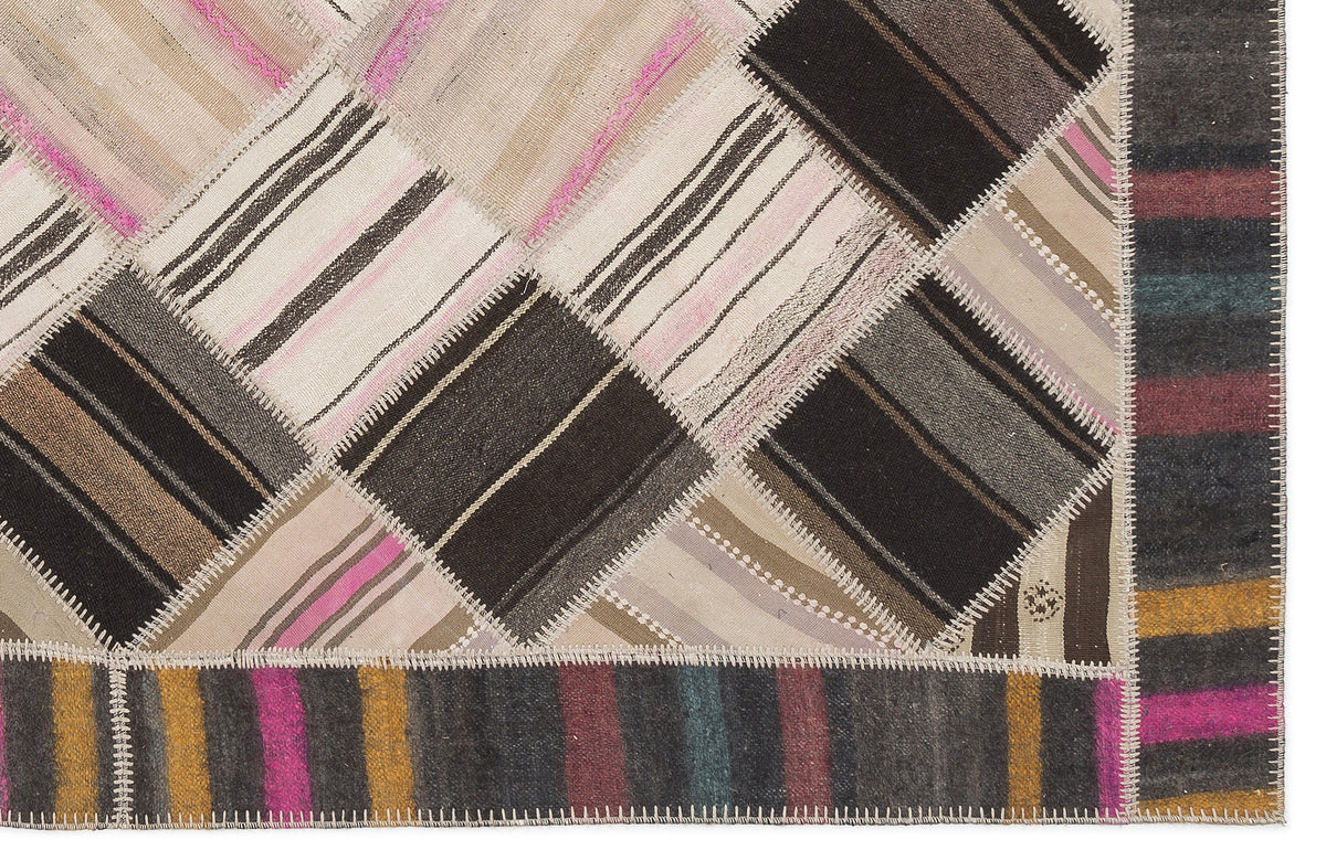 Striped Over Dyed Kilim Patchwork Unique Rug 5&#39;7&#39;&#39; x 8&#39;5&#39;&#39; ft 170 x 256 cm