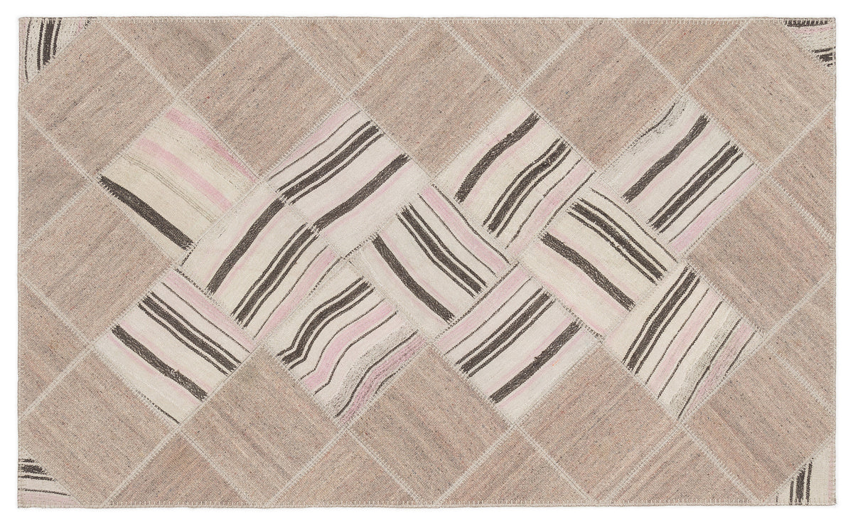 Striped Over Dyed Kilim Patchwork Unique Rug 4&#39;4&#39;&#39; x 7&#39;3&#39;&#39; ft 133 x 222 cm