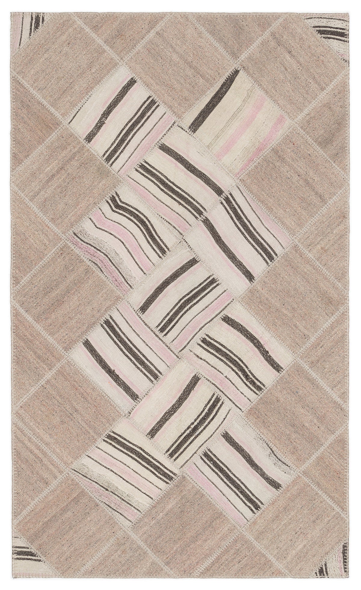 Striped Over Dyed Kilim Patchwork Unique Rug 4&#39;4&#39;&#39; x 7&#39;3&#39;&#39; ft 133 x 222 cm