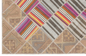 Striped Over Dyed Kilim Patchwork Unique Rug 4'4'' x 7'3'' ft 132 x 222 cm