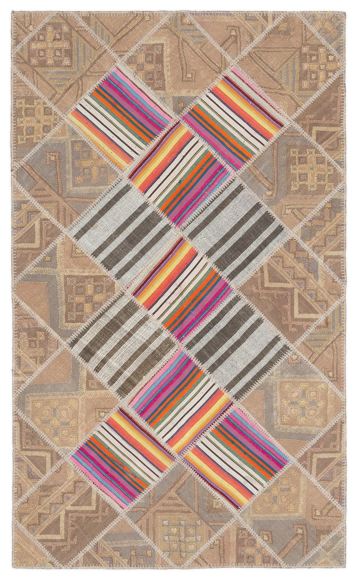 Striped Over Dyed Kilim Patchwork Unique Rug 4&#39;4&#39;&#39; x 7&#39;3&#39;&#39; ft 132 x 222 cm