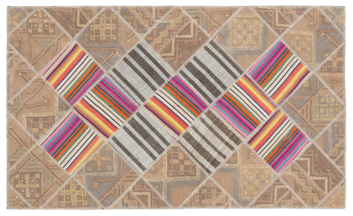Striped Over Dyed Kilim Patchwork Unique Rug 4&#39;4&#39;&#39; x 7&#39;3&#39;&#39; ft 132 x 222 cm