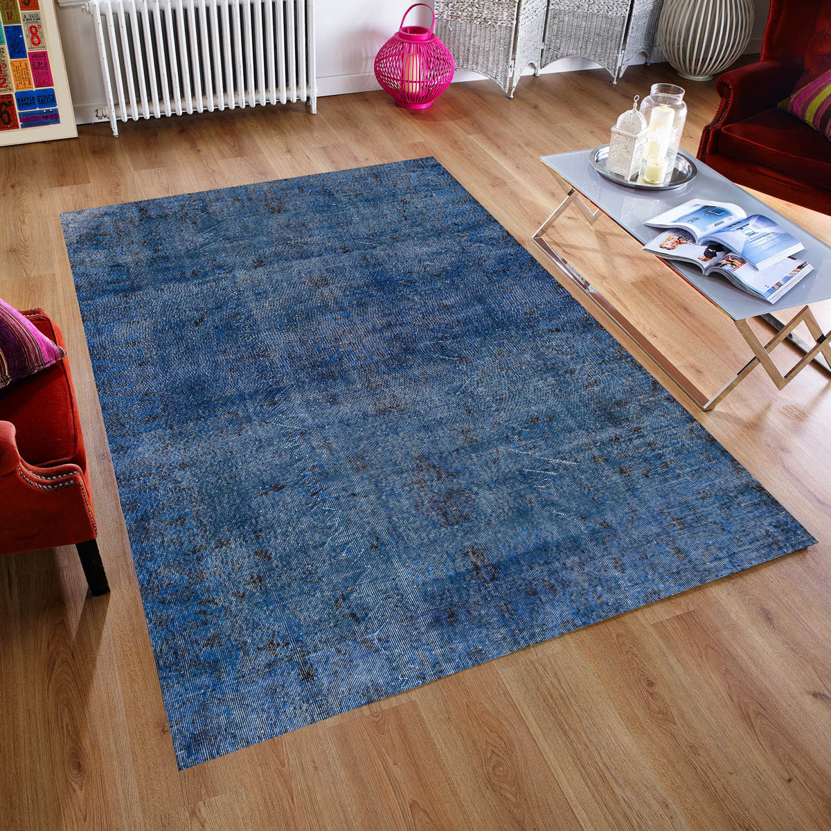 Blue Over Dyed Rug I Plain Rug | Turkish Rug | Hand Weaving Rug  | Bedroom Rug | Wool Rug | Vintage Rug | Tumbled Rug  | Naturel Rug | Boho Rug I  6&#39;6&#39;&#39; x 10&#39;1&#39;&#39; ft 198 x 308 cm