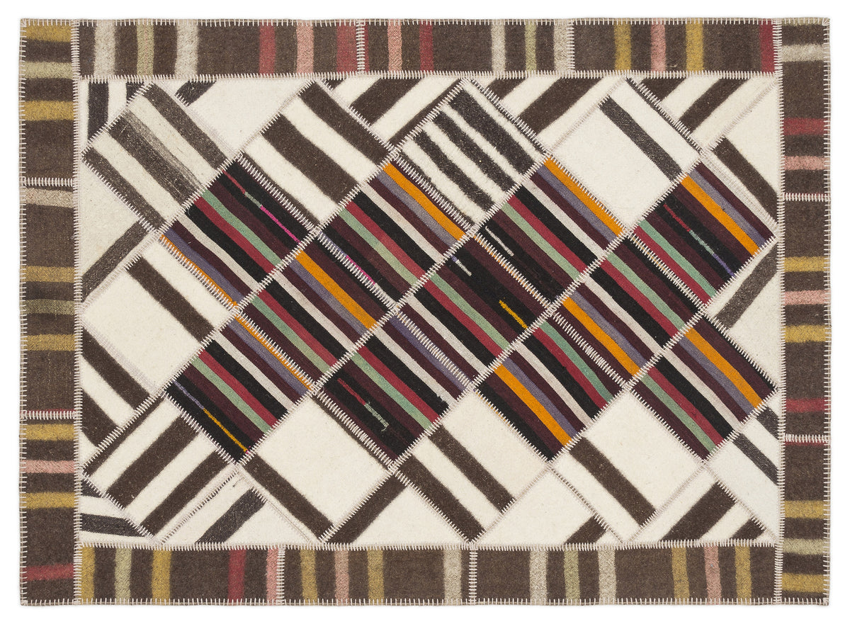 Striped Over Dyed Kilim Patchwork Unique Rug 5&#39;6&#39;&#39; x 7&#39;8&#39;&#39; ft 168 x 233 cm