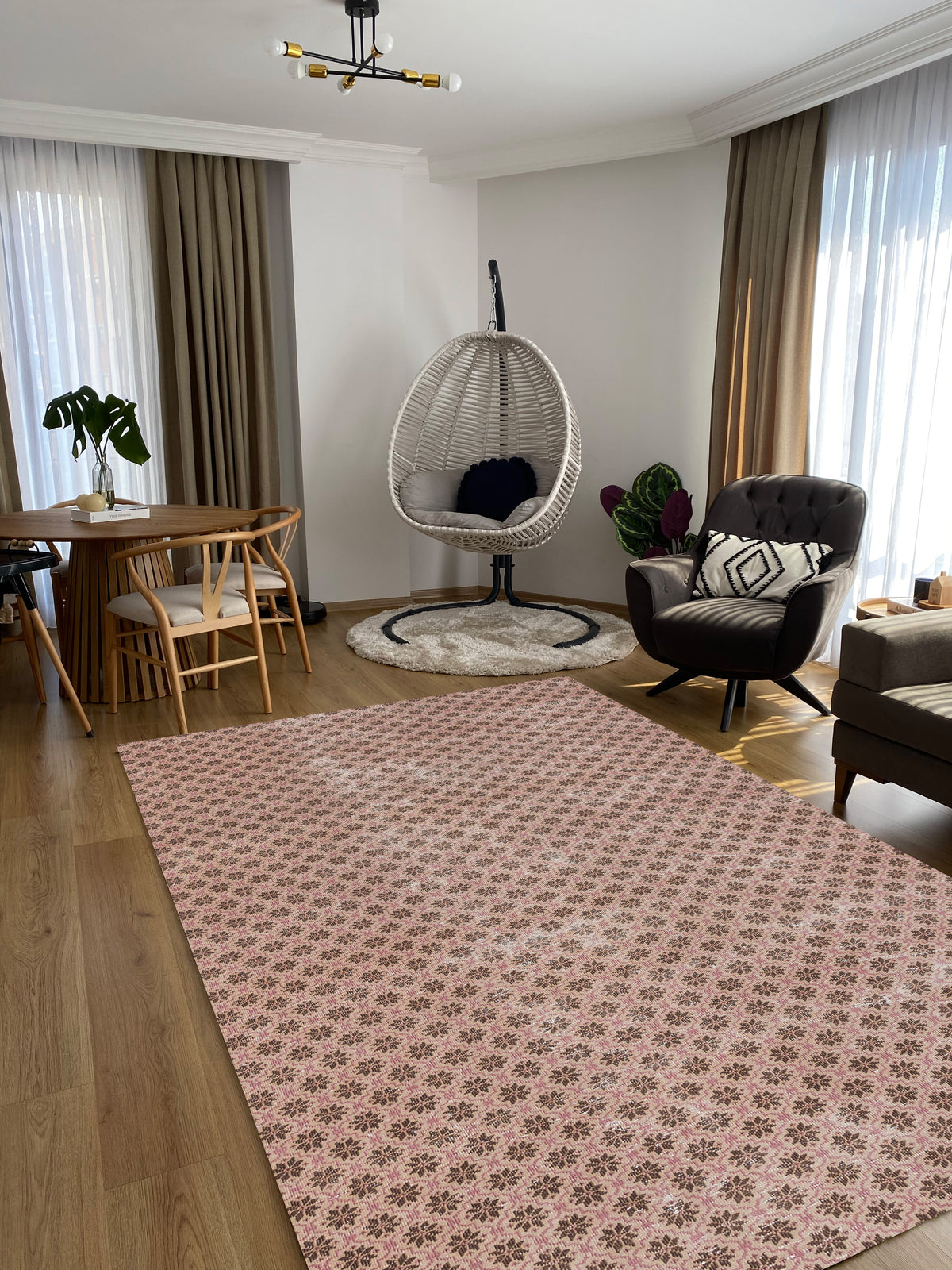 Light Pink Over Dyed Rug | Retro Rug | Turkish Rug | Hand Weaving Rug  | Bedroom Rug | Wool Rug | Vintage Rug | Patterned Rug | Striped Rug | Naturel Rug | Office Rug | Boho Rug I 5&#39;10&#39;&#39; x 9&#39;9&#39;&#39; ft 178 x 298 cm