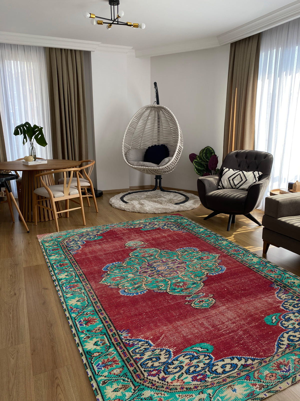 Green Over Dyed Rug | Traditional Design Rug | Turkish Rug | Hand Weaving Rug  | Bedroom Rug | Wool Rug | Vintage Rug | Tumbled Rug  | Naturel Rug | Boho Rug I 5&#39;10&#39;&#39; x 8&#39;11&#39;&#39; ft 178 x 273 cm