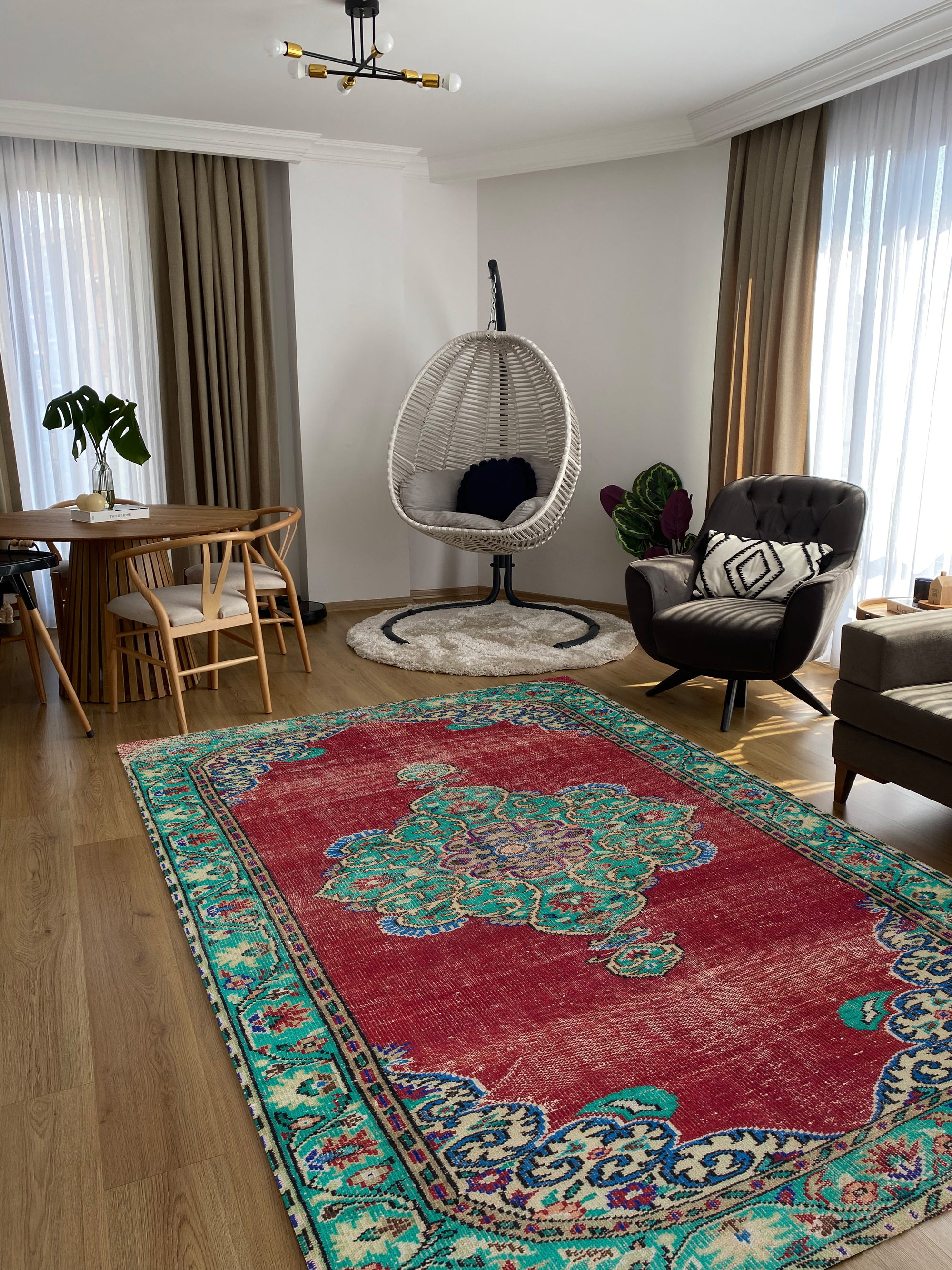 Green Over Dyed Rug | Traditional Design Rug | Turkish Rug | Hand Weaving Rug  | Bedroom Rug | Wool Rug | Vintage Rug | Tumbled Rug  | Naturel Rug | Boho Rug I 5'10'' x 8'11'' ft 178 x 273 cm