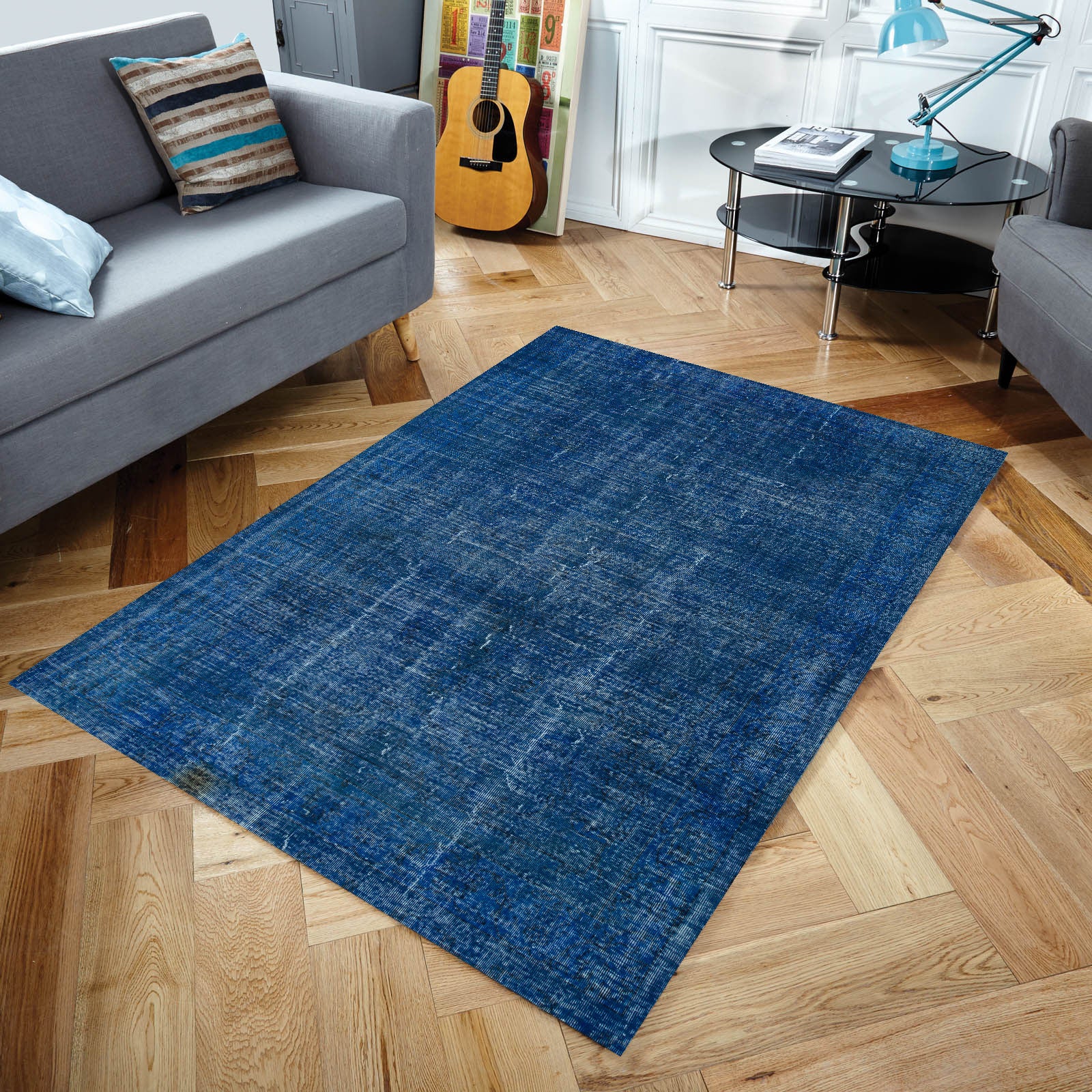 Blue Over Dyed Rug I Plain Rug | Turkish Rug | Hand Weaving Rug  | Bedroom Rug | Wool Rug | Vintage Rug | Tumbled Rug  | Naturel Rug | Boho Rug I 6'6'' x 10'0'' ft 198 x 305 cm
