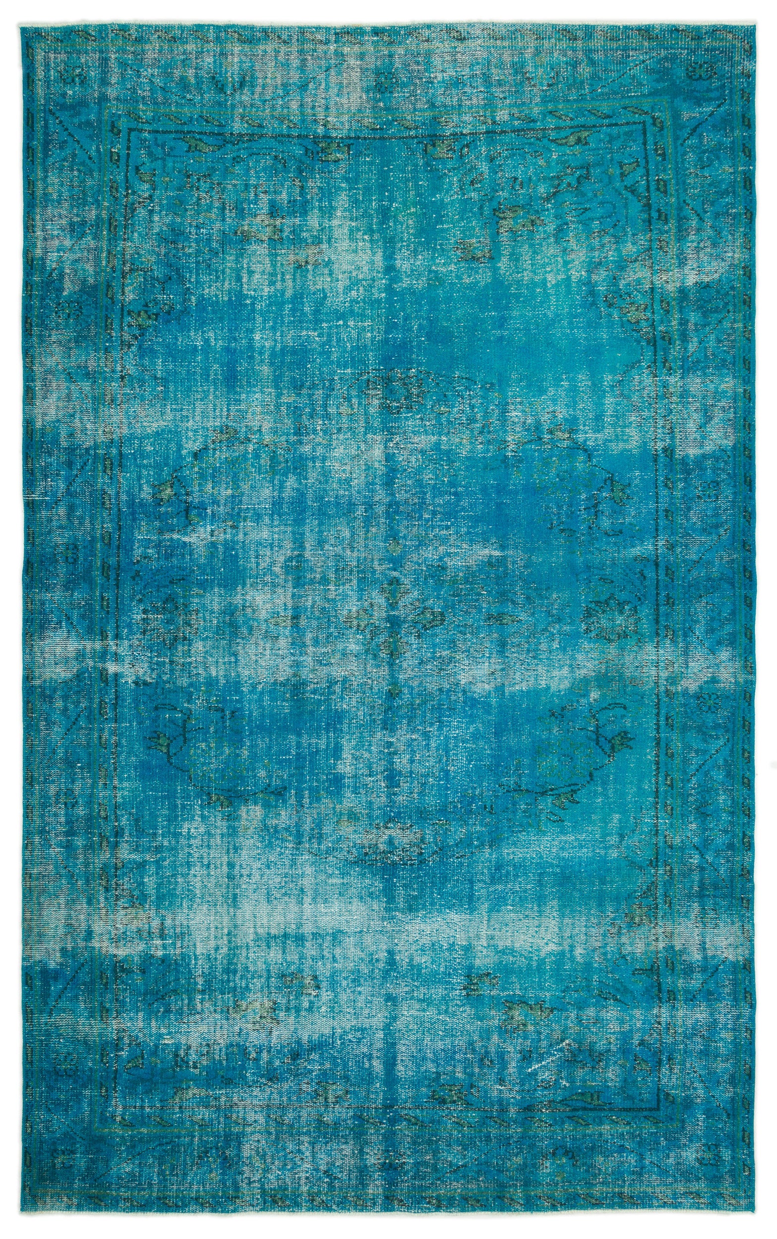 Traditional Design Turquoise Over Dyed Vintage Rug 6'4'' x 10'1'' ft 1 ...