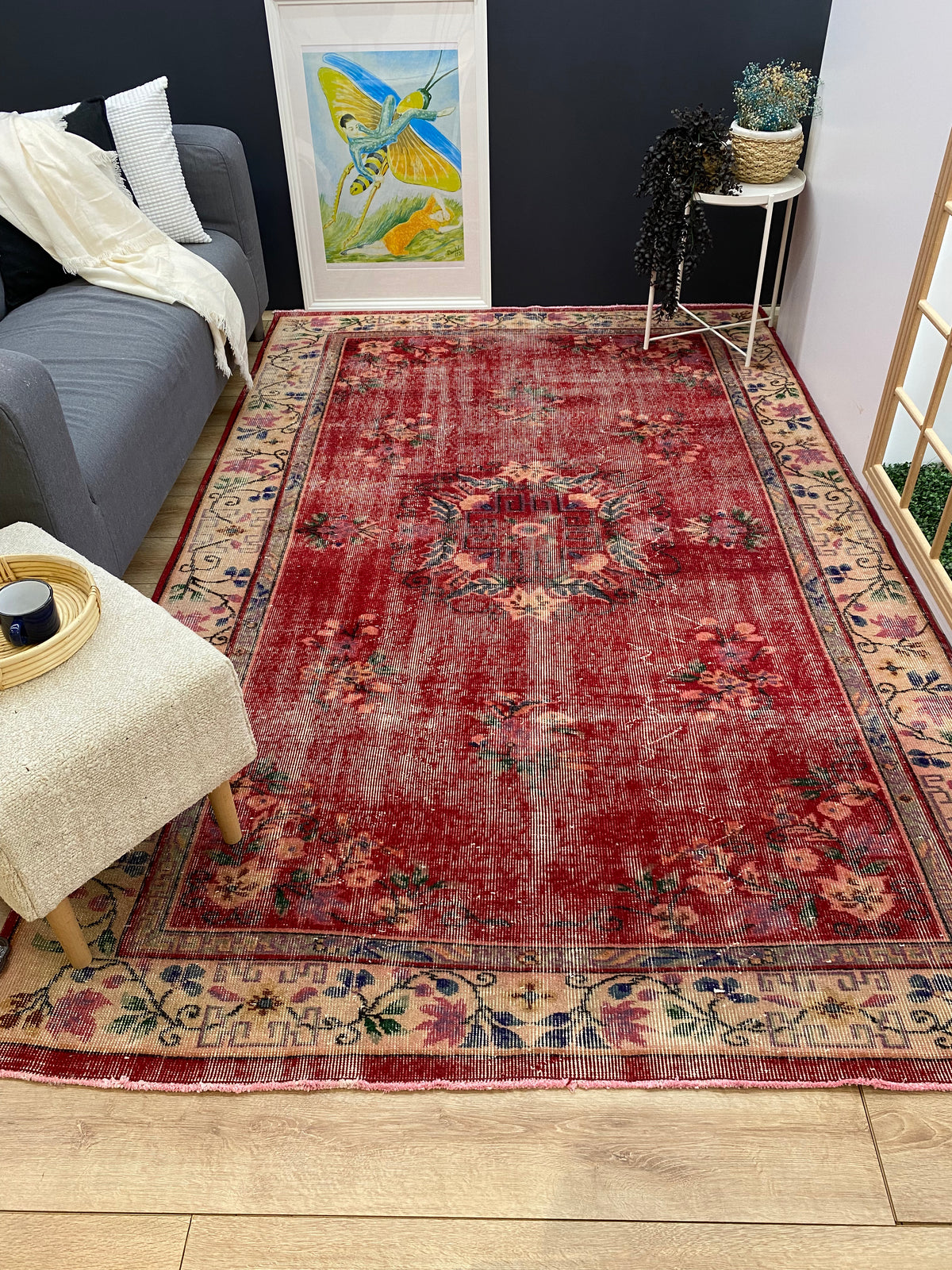 Traditional Design Floral Over Dyed Vintage Rug 5&#39;10&#39;&#39; x 9&#39;2&#39;&#39; ft 177 x 280 cm