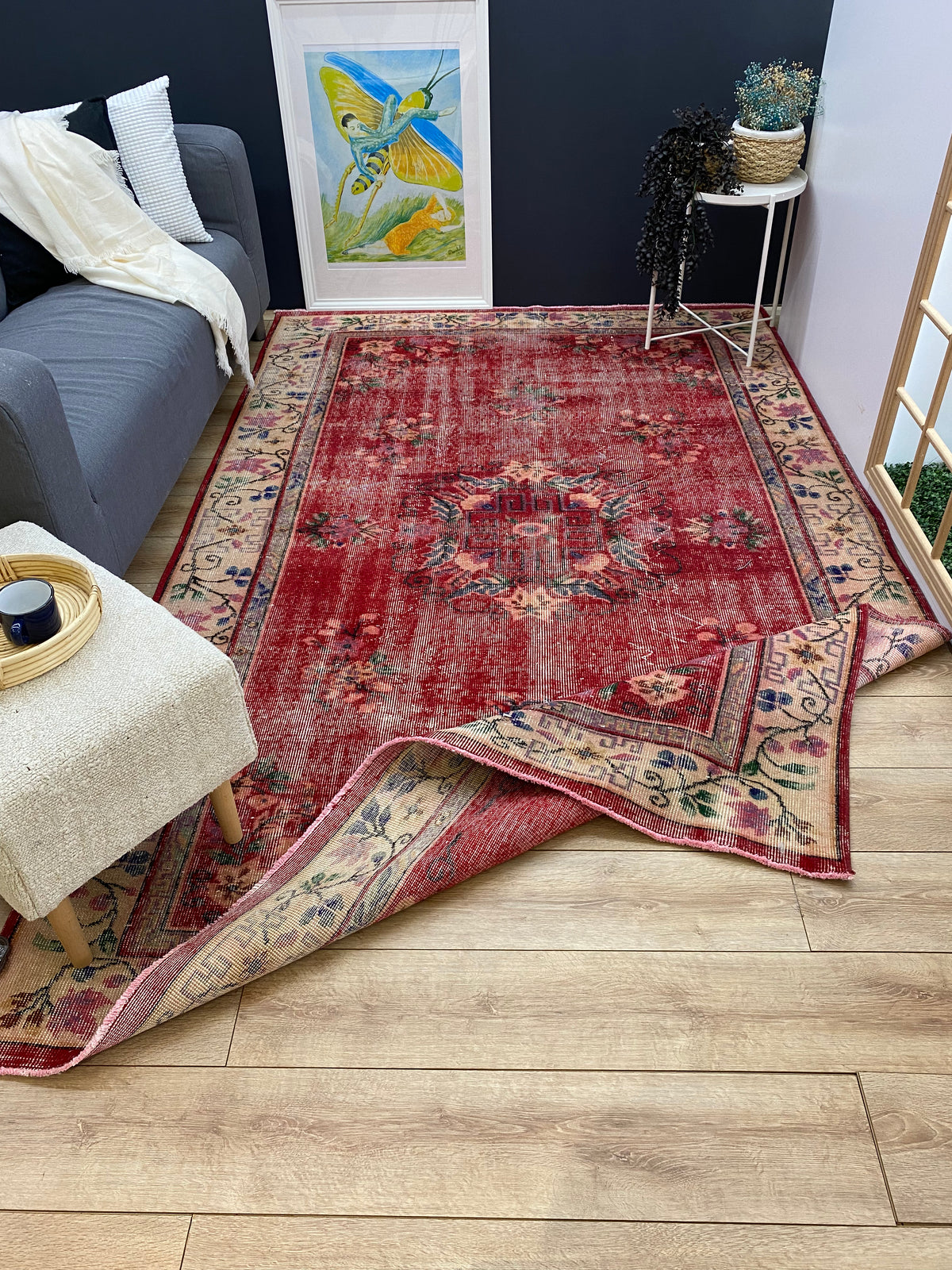 Traditional Design Floral Over Dyed Vintage Rug 5&#39;10&#39;&#39; x 9&#39;2&#39;&#39; ft 177 x 280 cm