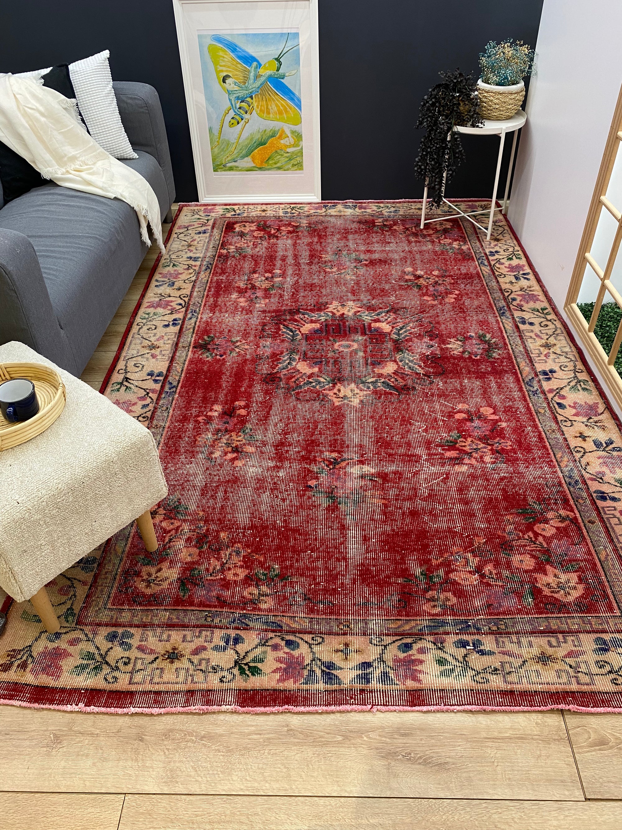 Traditional Design Floral Over Dyed Vintage Rug 5'10'' x 9'2'' ft 177 x 280 cm