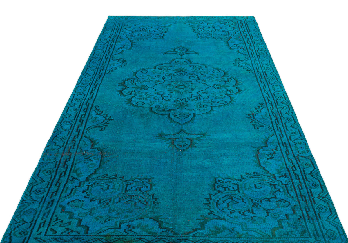 Turquoise  Over Dyed Vintage Rug 4&#39;12&#39;&#39; x 8&#39;10&#39;&#39; ft 152 x 270 cm