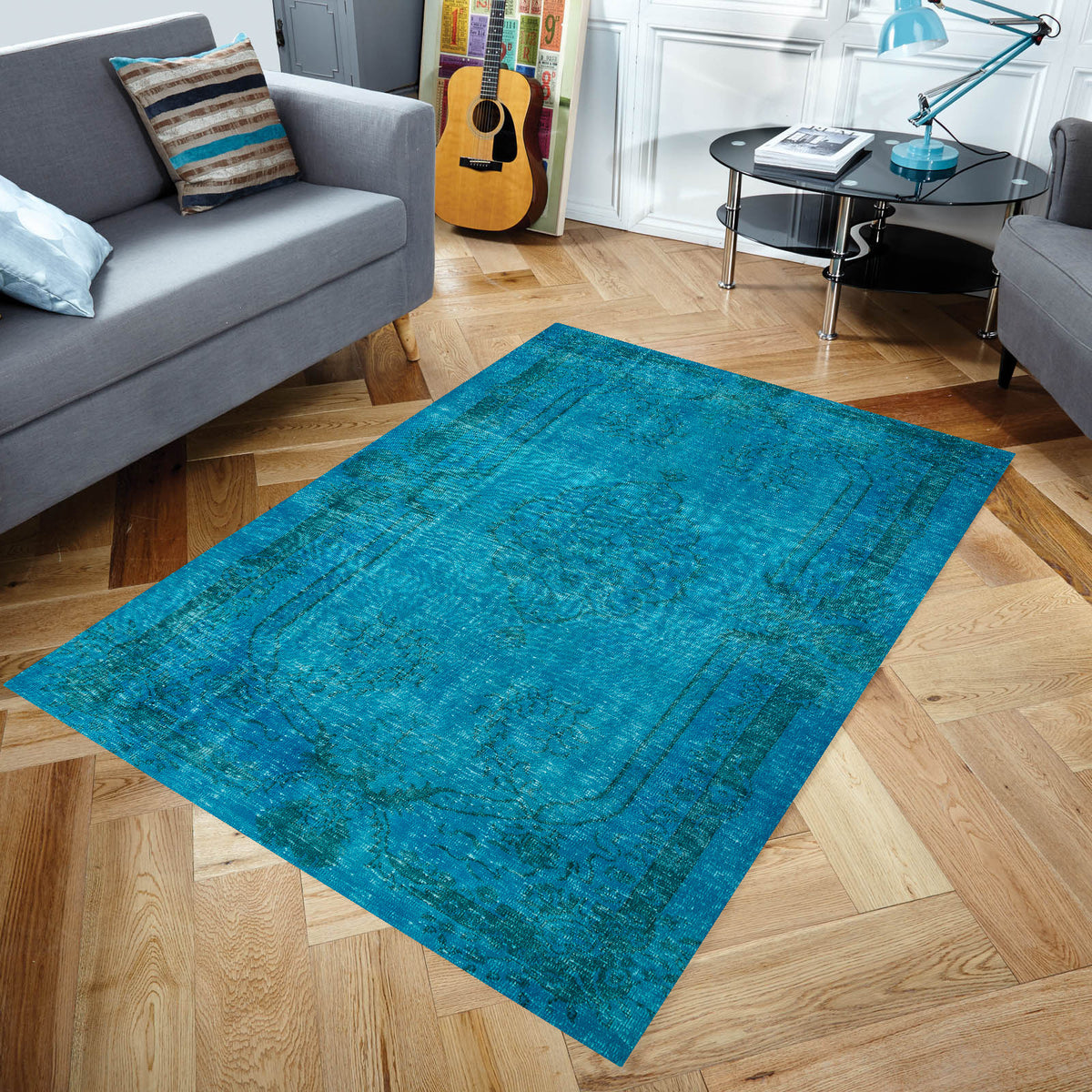 Turquoise Over Dyed Rug  I Traditional Design Rug | Turkish Rug | Hand Weaving Rug  | Living Room Rug | Wool Rug | Vintage Rug | Tumbled Rug  | Naturel Rug | Boho Rug I  6&#39;0&#39;&#39; x 9&#39;11&#39;&#39; ft 184 x 302 cm