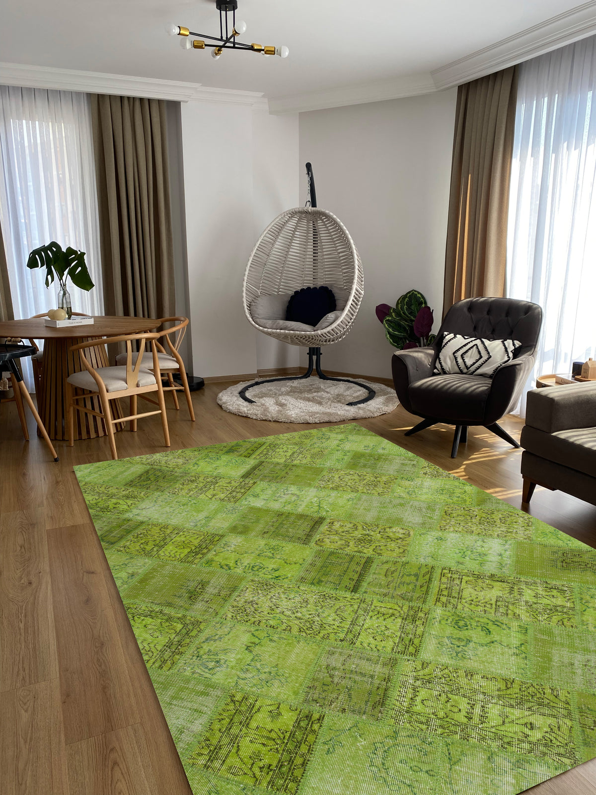 Green Over Dyed Rug I Patchwork Rug | Turkish Rug | Hand Weaving Rug  | Bedroom Rug | Wool Rug | Vintage Rug | Tumbled Rug  | Naturel Rug | Boho Rug I 6'3'' x 9'4'' ft 191 x 285 cm