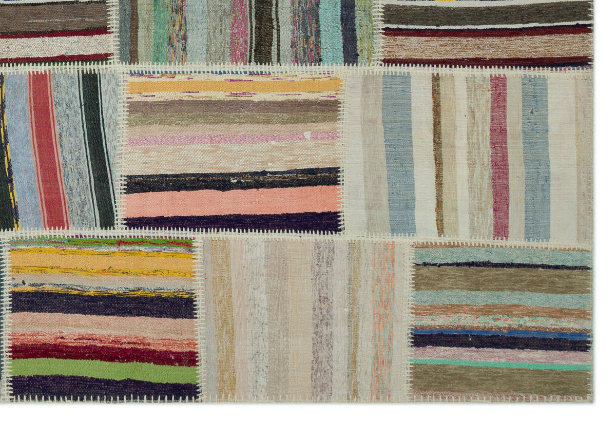 Striped Over Dyed Kilim Patchwork Unique Rug 6&#39;2&#39;&#39; x 9&#39;2&#39;&#39; ft 188 x 280 cm