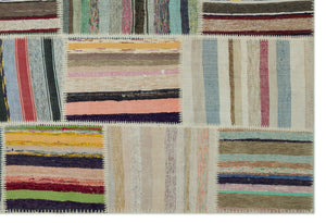 Striped Over Dyed Kilim Patchwork Unique Rug 6'2'' x 9'2'' ft 188 x 280 cm