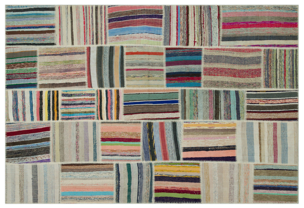 Striped Over Dyed Kilim Patchwork Unique Rug 6&#39;2&#39;&#39; x 9&#39;2&#39;&#39; ft 188 x 280 cm