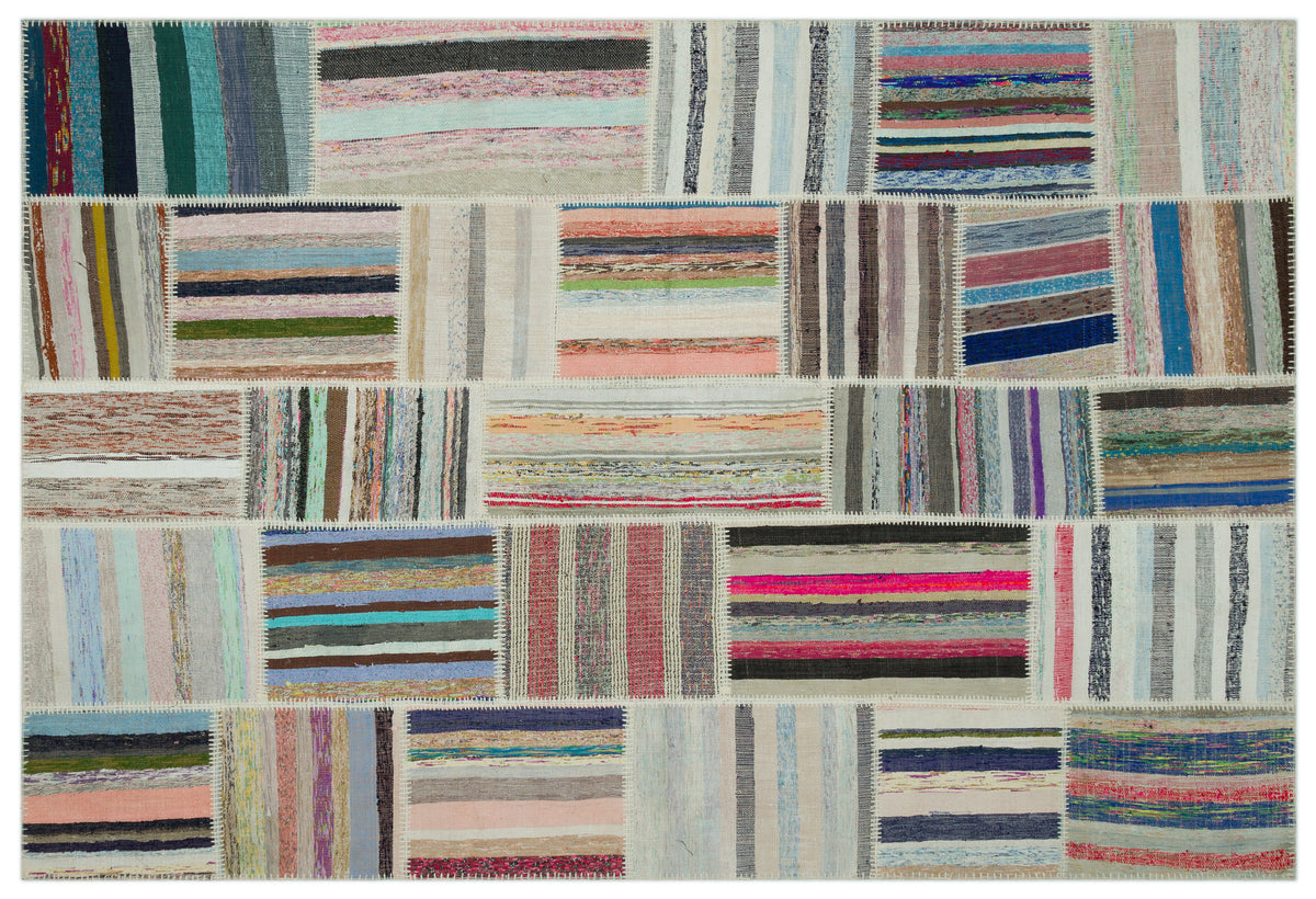 Striped Over Dyed Kilim Patchwork Unique Rug 6&#39;3&#39;&#39; x 9&#39;2&#39;&#39; ft 190 x 280 cm