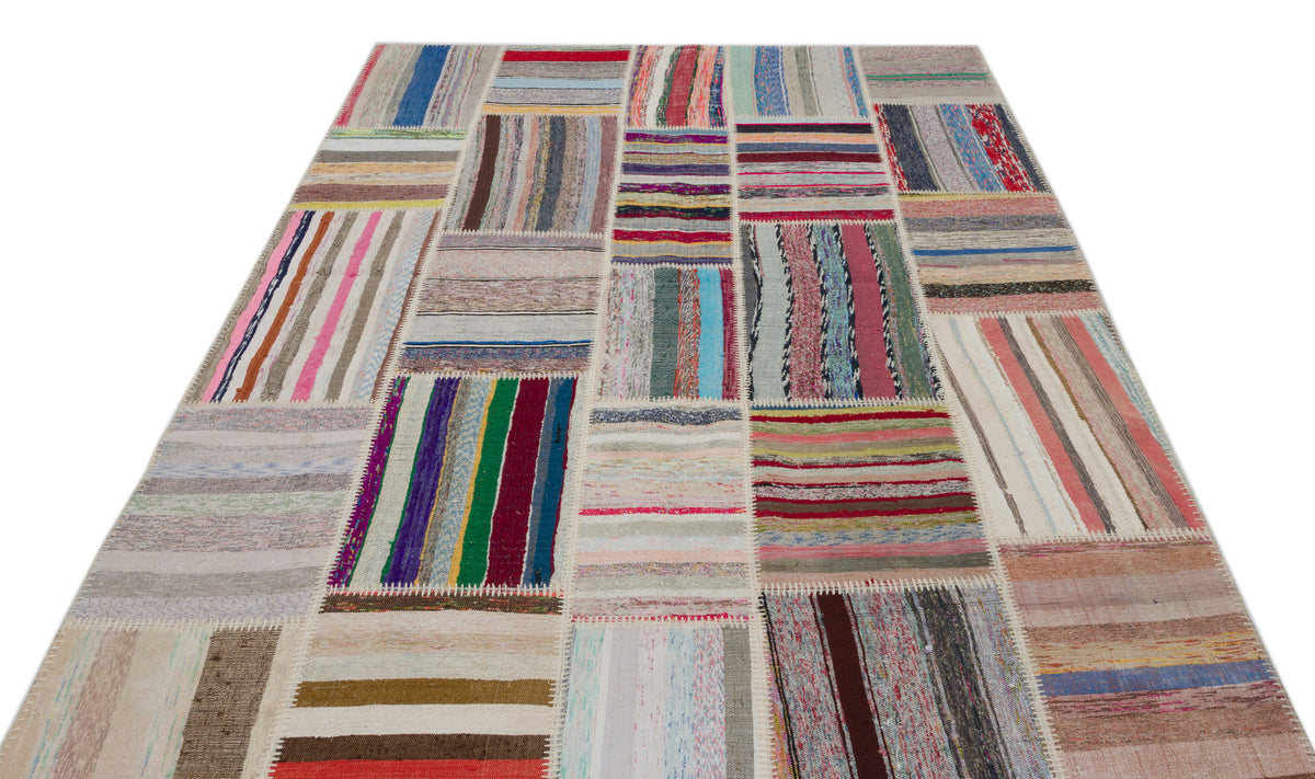 Striped Over Dyed Kilim Patchwork Unique Rug 6&#39;3&#39;&#39; x 9&#39;1&#39;&#39; ft 190 x 278 cm