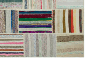 Striped Over Dyed Kilim Patchwork Unique Rug 6'3'' x 9'1'' ft 190 x 278 cm