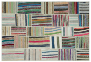 Striped Over Dyed Kilim Patchwork Unique Rug 6'3'' x 9'2'' ft 190 x 280 cm