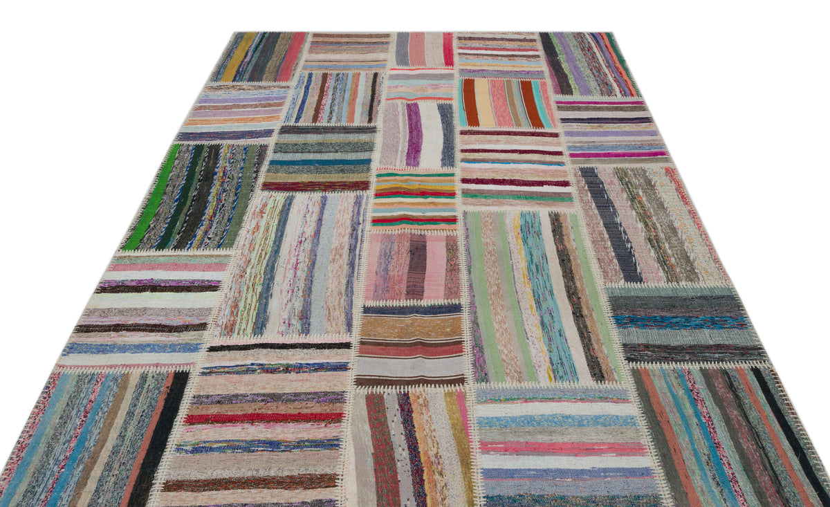 Striped Over Dyed Kilim Patchwork Unique Rug 6&#39;3&#39;&#39; x 9&#39;0&#39;&#39; ft 190 x 275 cm