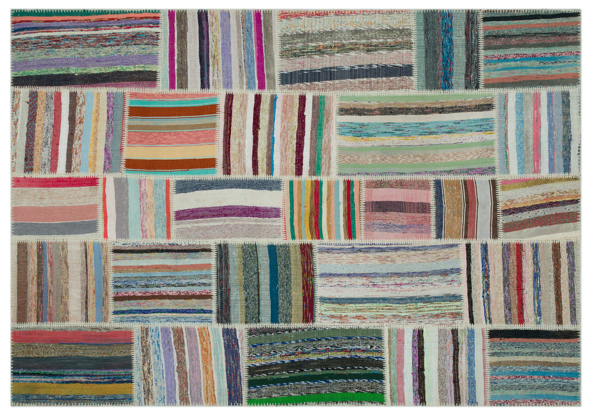 Striped Over Dyed Kilim Patchwork Unique Rug 6&#39;3&#39;&#39; x 9&#39;0&#39;&#39; ft 190 x 275 cm