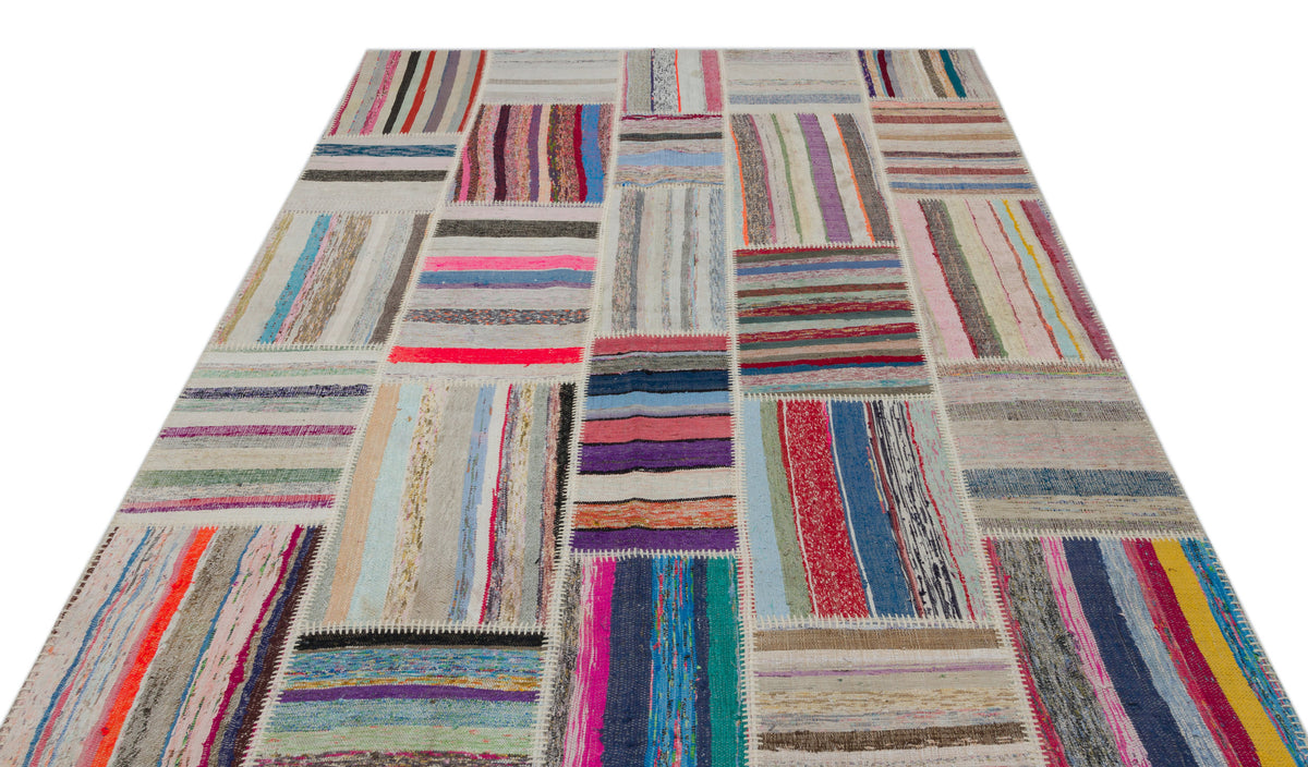 Striped Over Dyed Kilim Patchwork Unique Rug 6&#39;3&#39;&#39; x 9&#39;1&#39;&#39; ft 190 x 278 cm