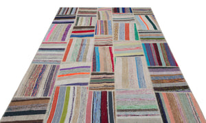 Striped Over Dyed Kilim Patchwork Unique Rug 6'1'' x 9'1'' ft 186 x 278 cm