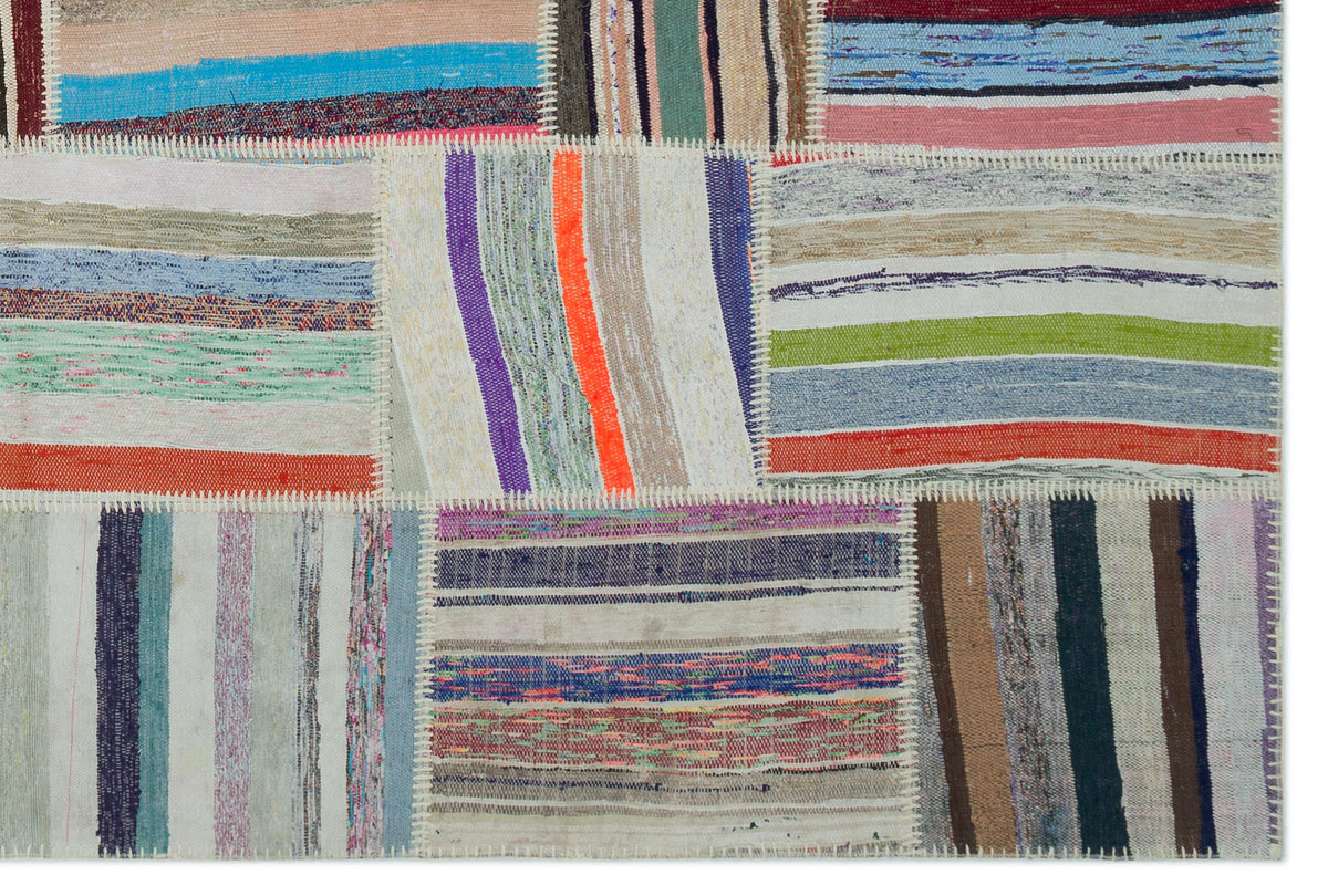 Striped Over Dyed Kilim Patchwork Unique Rug 6&#39;1&#39;&#39; x 9&#39;1&#39;&#39; ft 186 x 278 cm