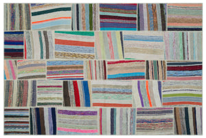 Striped Over Dyed Kilim Patchwork Unique Rug 6'1'' x 9'1'' ft 186 x 278 cm