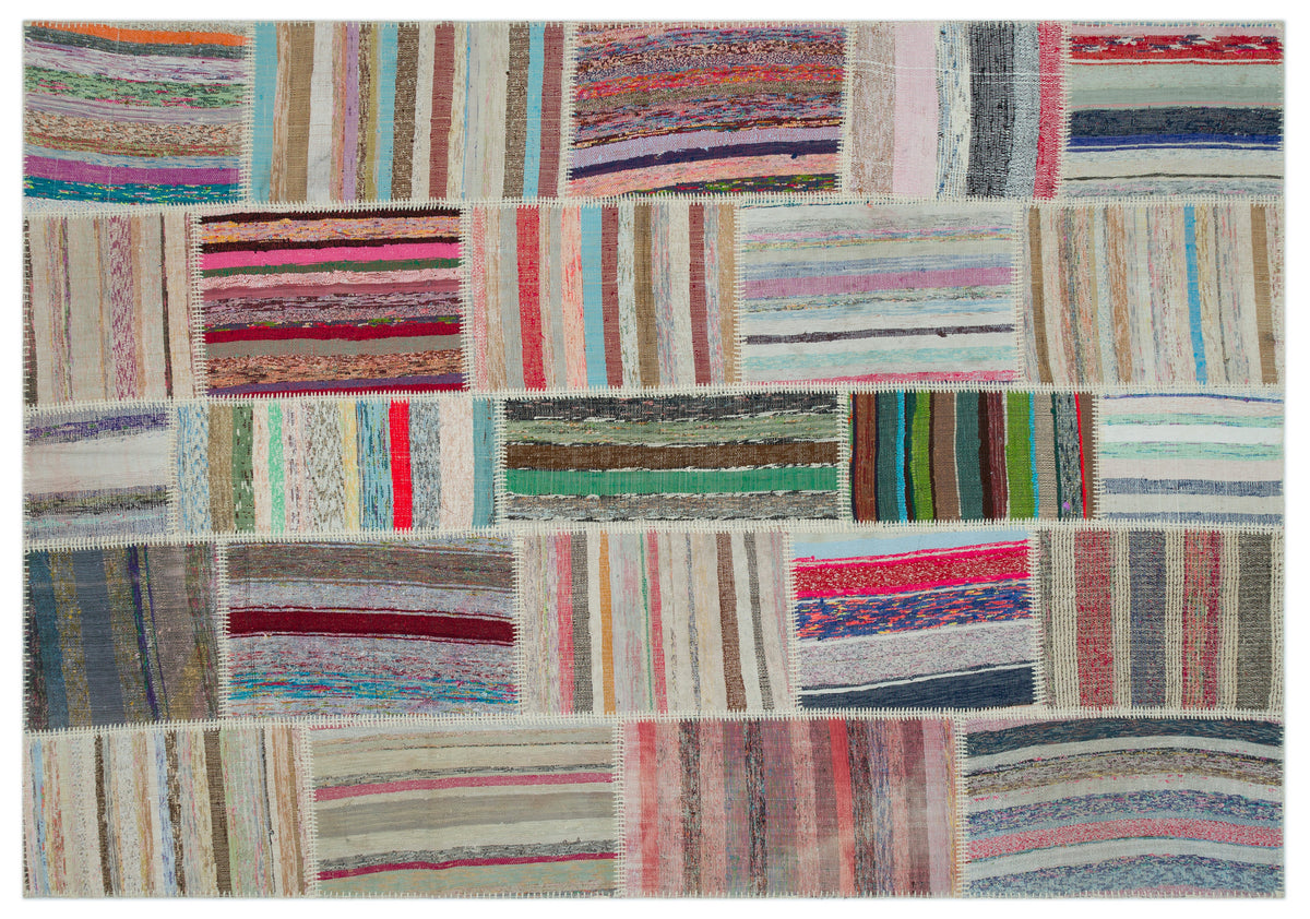 Striped Over Dyed Kilim Patchwork Unique Rug 6&#39;2&#39;&#39; x 8&#39;11&#39;&#39; ft 189 x 273 cm