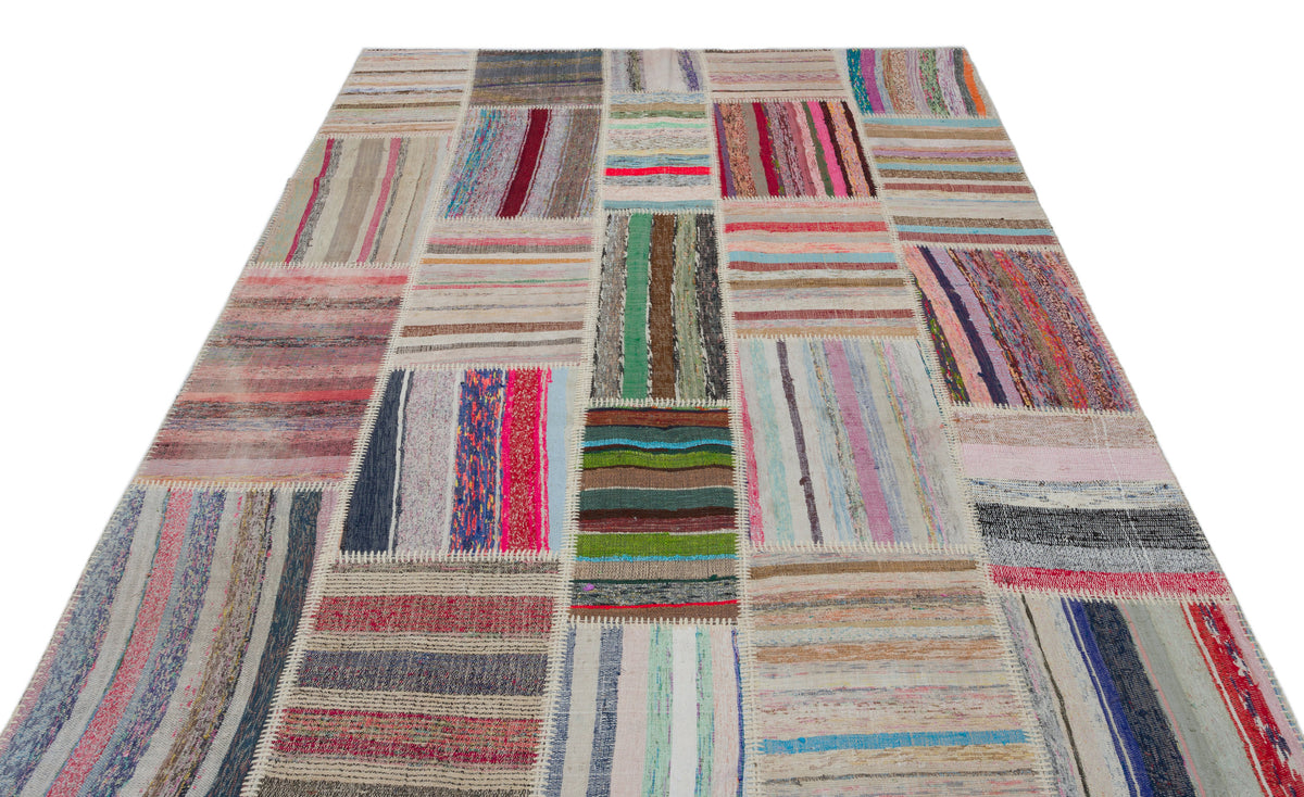 Striped Over Dyed Kilim Patchwork Unique Rug 6&#39;2&#39;&#39; x 8&#39;11&#39;&#39; ft 189 x 273 cm