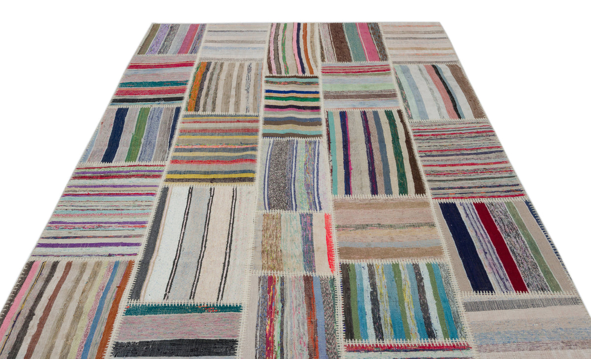 Striped Over Dyed Kilim Patchwork Unique Rug 6&#39;3&#39;&#39; x 9&#39;1&#39;&#39; ft 190 x 277 cm