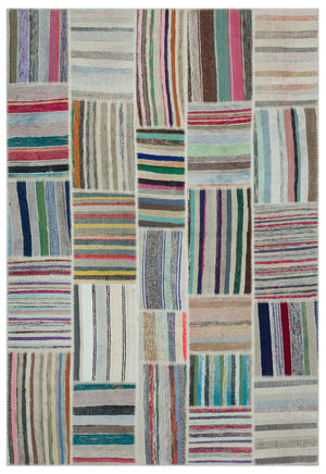 Striped Over Dyed Kilim Patchwork Unique Rug 6'3'' x 9'1'' ft 190 x 277 cm