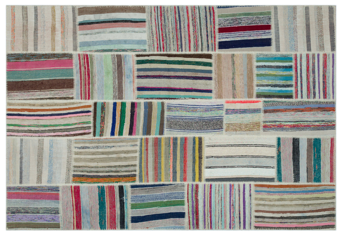 Striped Over Dyed Kilim Patchwork Unique Rug 6&#39;3&#39;&#39; x 9&#39;1&#39;&#39; ft 190 x 277 cm