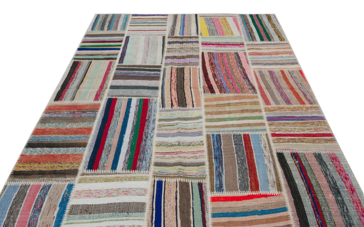 Striped Over Dyed Kilim Patchwork Unique Rug 6&#39;3&#39;&#39; x 9&#39;2&#39;&#39; ft 190 x 280 cm