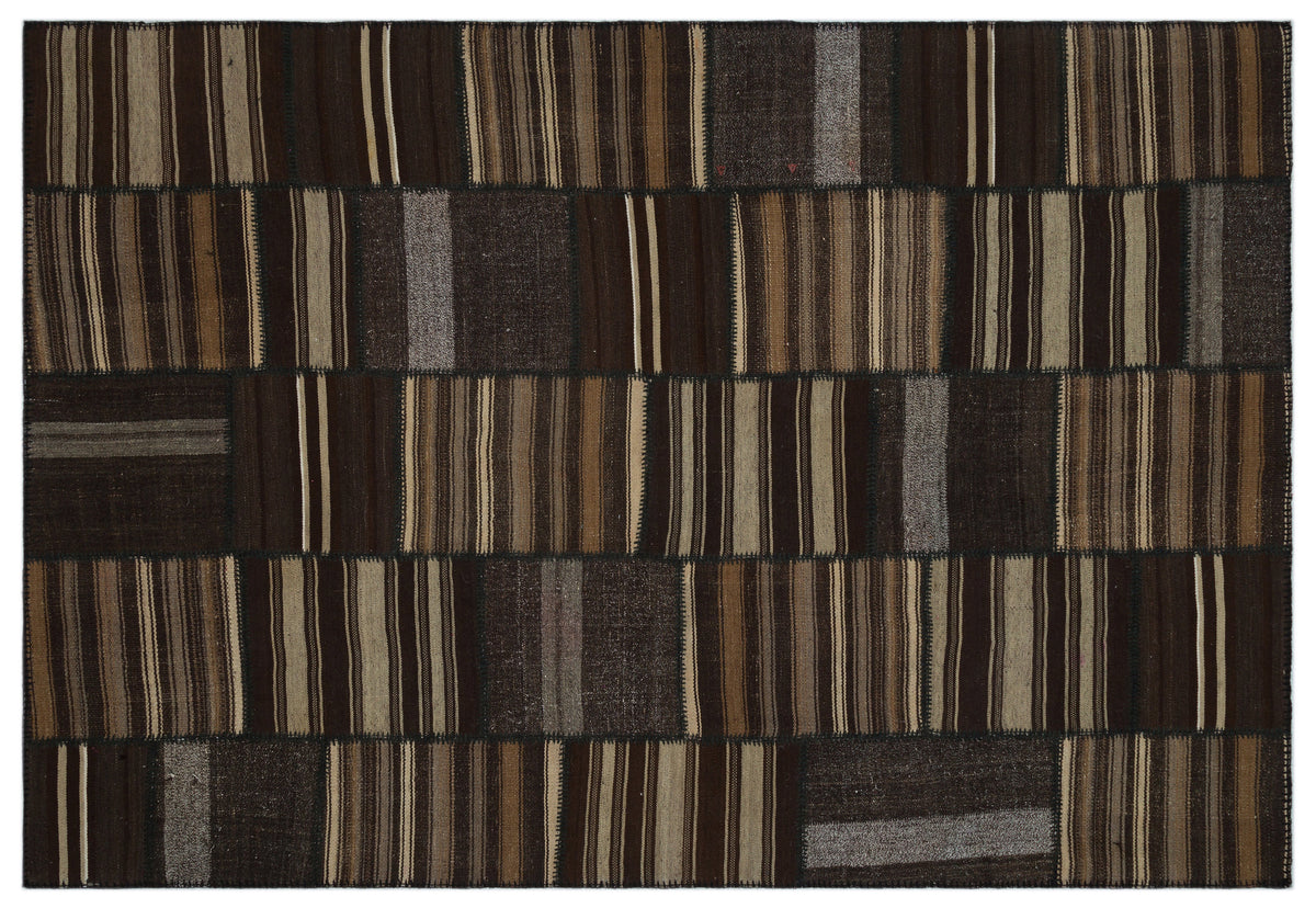 Striped Over Dyed Kilim Patchwork Unique Rug 6&#39;8&#39;&#39; x 9&#39;9&#39;&#39; ft 202 x 298 cm