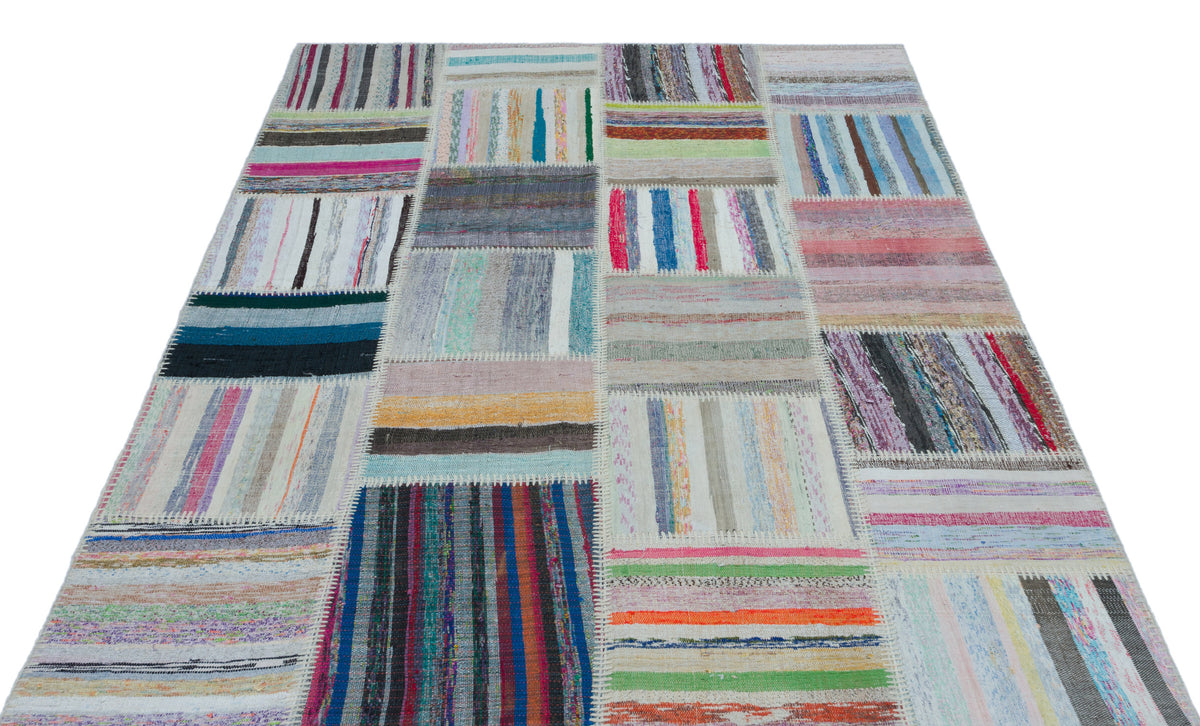 Striped Over Dyed Kilim Patchwork Unique Rug 5&#39;3&#39;&#39; x 7&#39;3&#39;&#39; ft 160 x 220 cm