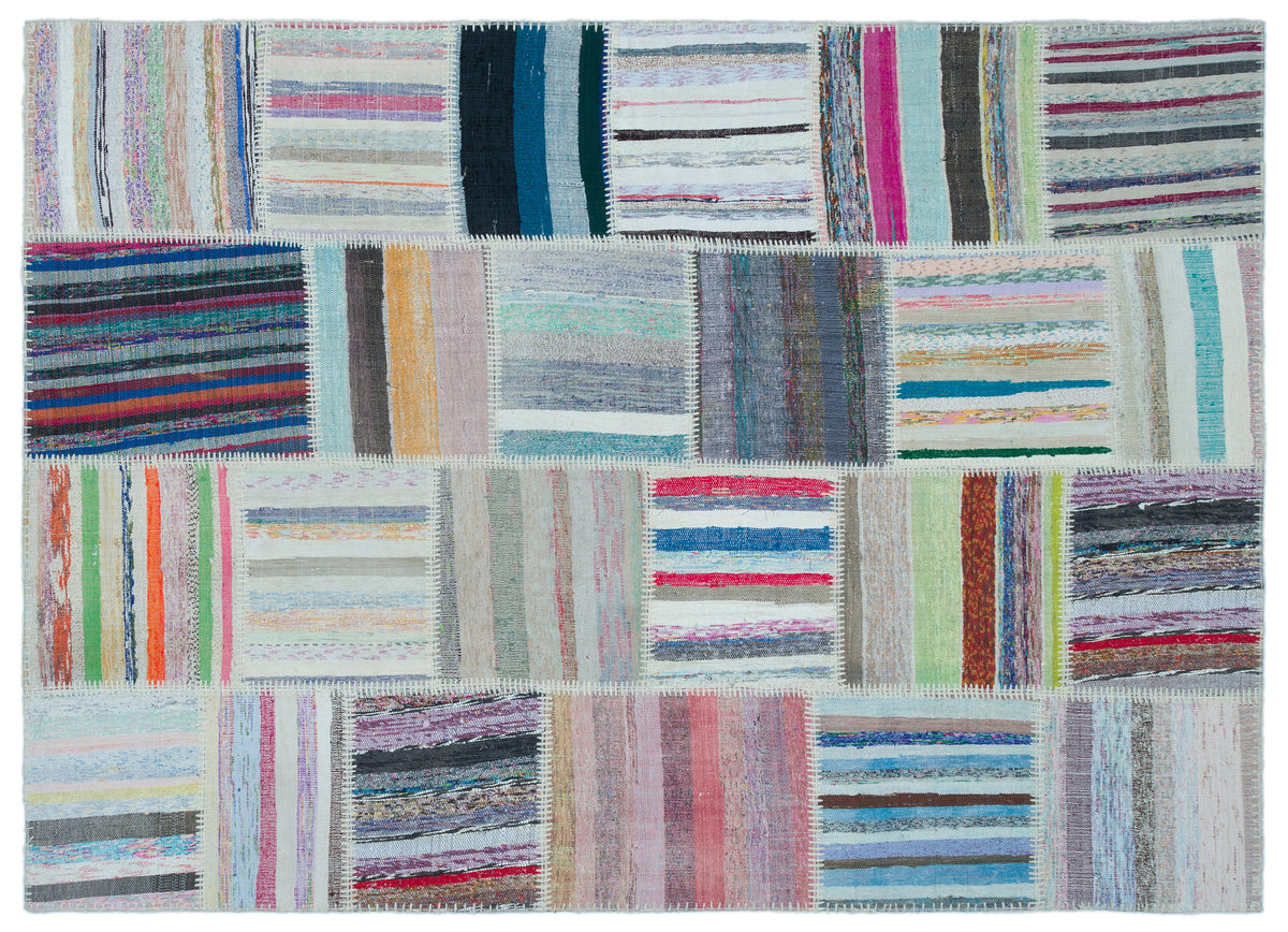 Striped Over Dyed Kilim Patchwork Unique Rug 5&#39;3&#39;&#39; x 7&#39;3&#39;&#39; ft 160 x 220 cm