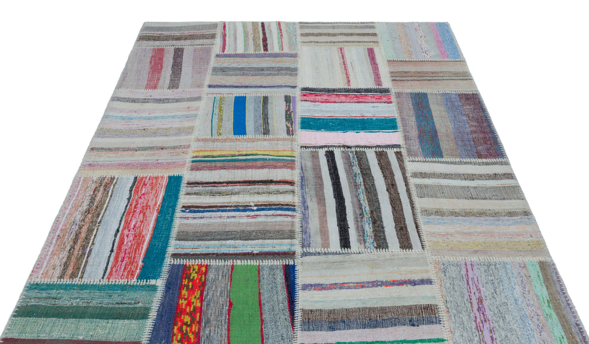 Striped Over Dyed Kilim Patchwork Unique Rug 5&#39;3&#39;&#39; x 7&#39;3&#39;&#39; ft 160 x 220 cm