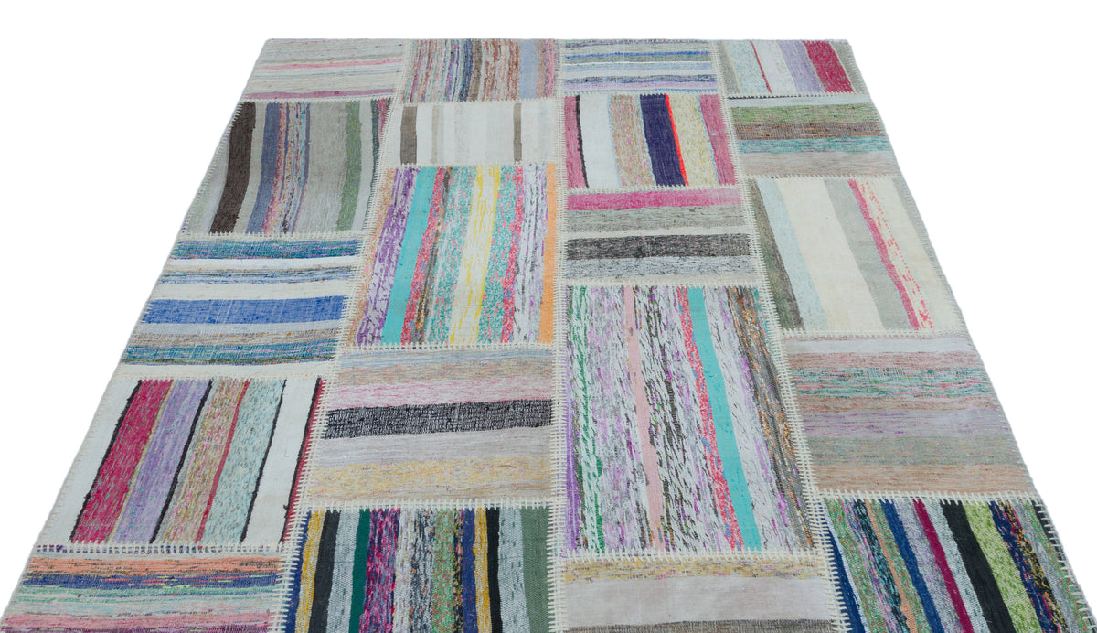 Striped Over Dyed Kilim Patchwork Unique Rug 5&#39;3&#39;&#39; x 7&#39;3&#39;&#39; ft 160 x 220 cm