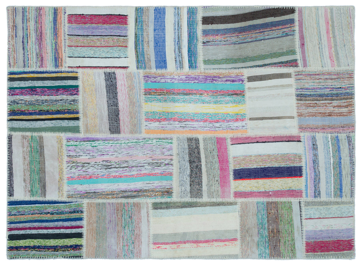 Striped Over Dyed Kilim Patchwork Unique Rug 5&#39;3&#39;&#39; x 7&#39;3&#39;&#39; ft 160 x 220 cm