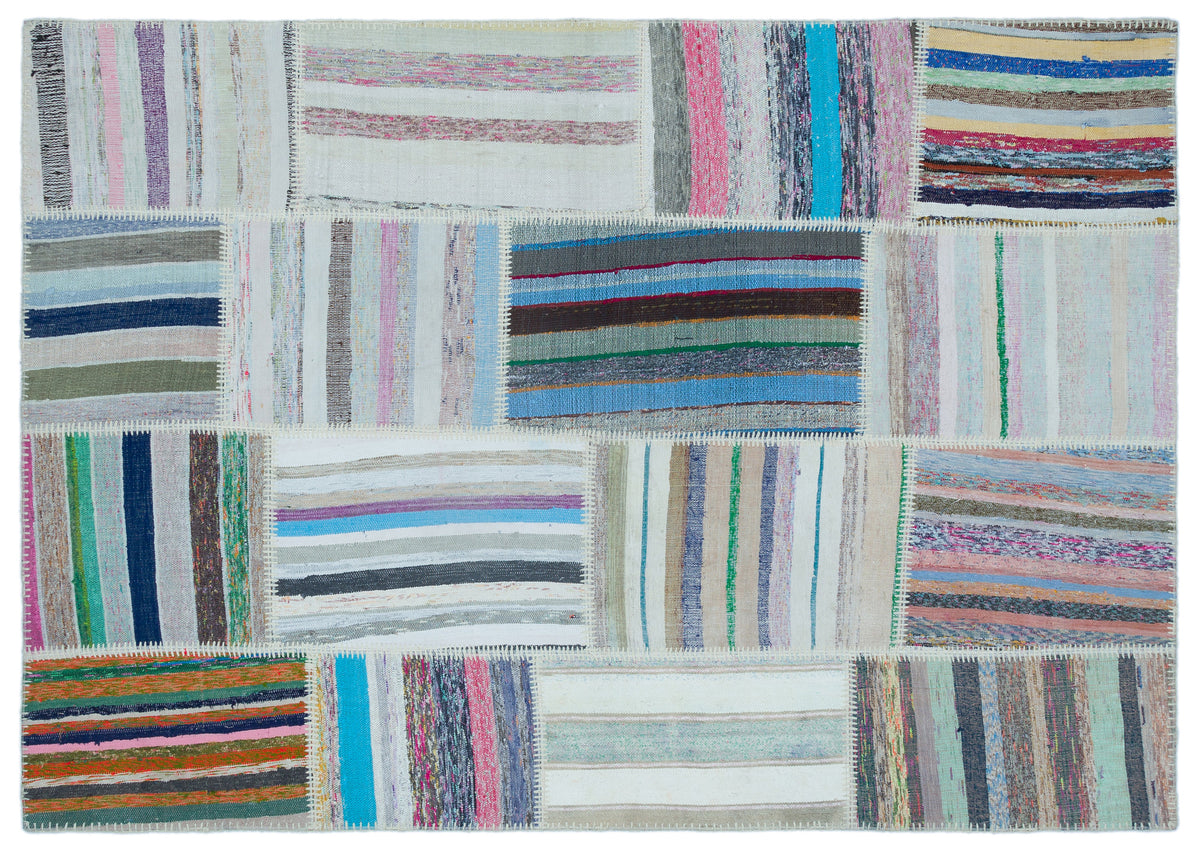 Striped Over Dyed Kilim Patchwork Unique Rug 5&#39;1&#39;&#39; x 7&#39;7&#39;&#39; ft 155 x 230 cm