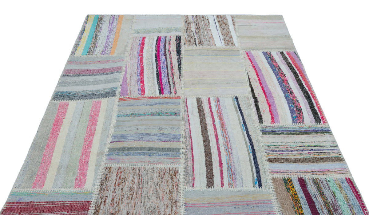 Striped Over Dyed Kilim Patchwork Unique Rug 5&#39;3&#39;&#39; x 7&#39;7&#39;&#39; ft 160 x 230 cm